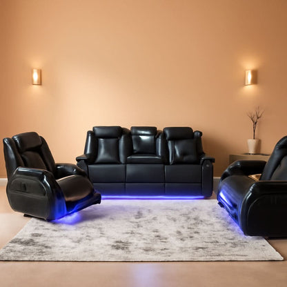 Black Power Air Leather Recliner Sofa Set With LED Lights