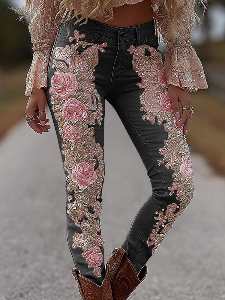 Womens Fashionable Casual Straight Denim Jeans With Floral Print