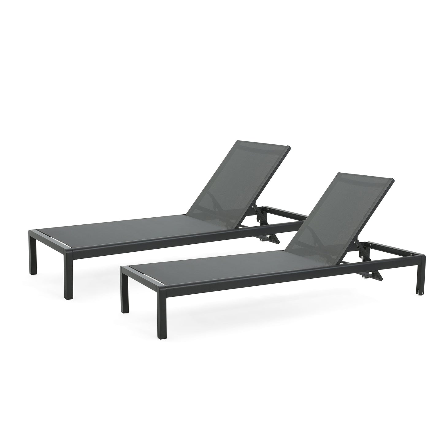 Outdoor Chaise Lounge Mesh Aluminum Black Gray Set of 2 Adjustable 77.5x25 In