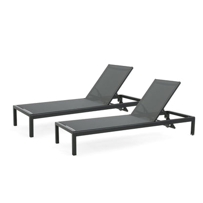 Outdoor Chaise Lounge Mesh Aluminum Black Gray Set of 2 Adjustable 77.5x25 In