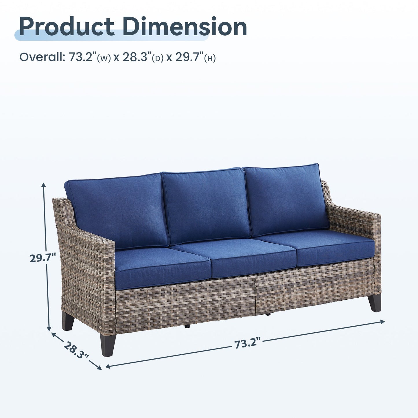 73.2 in Outdoor Patio Sofa, 3-Seat Gray Rattan Couch with Blue Cushions