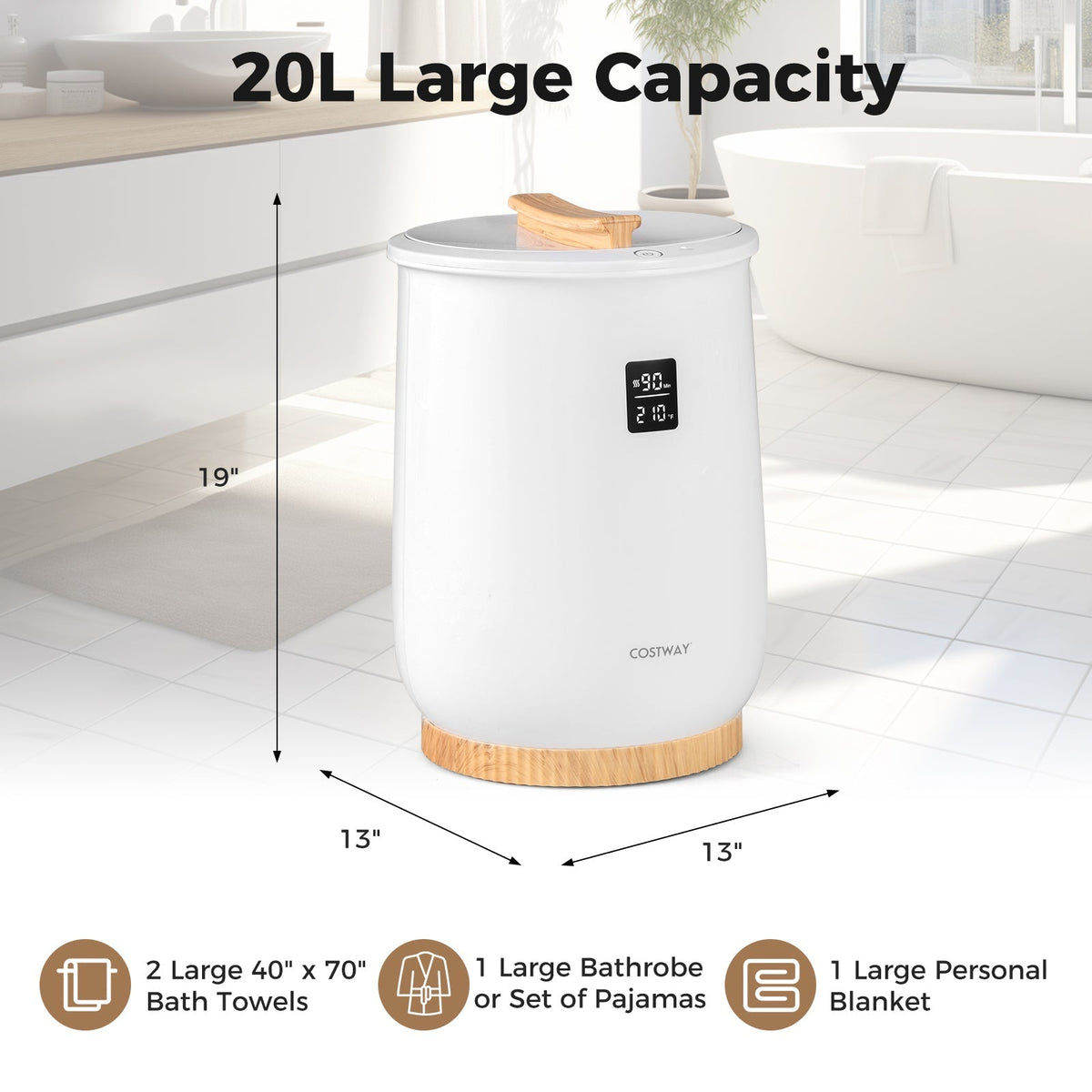 20L Large Heated Towel Warmer with LED Display and Button Control-White