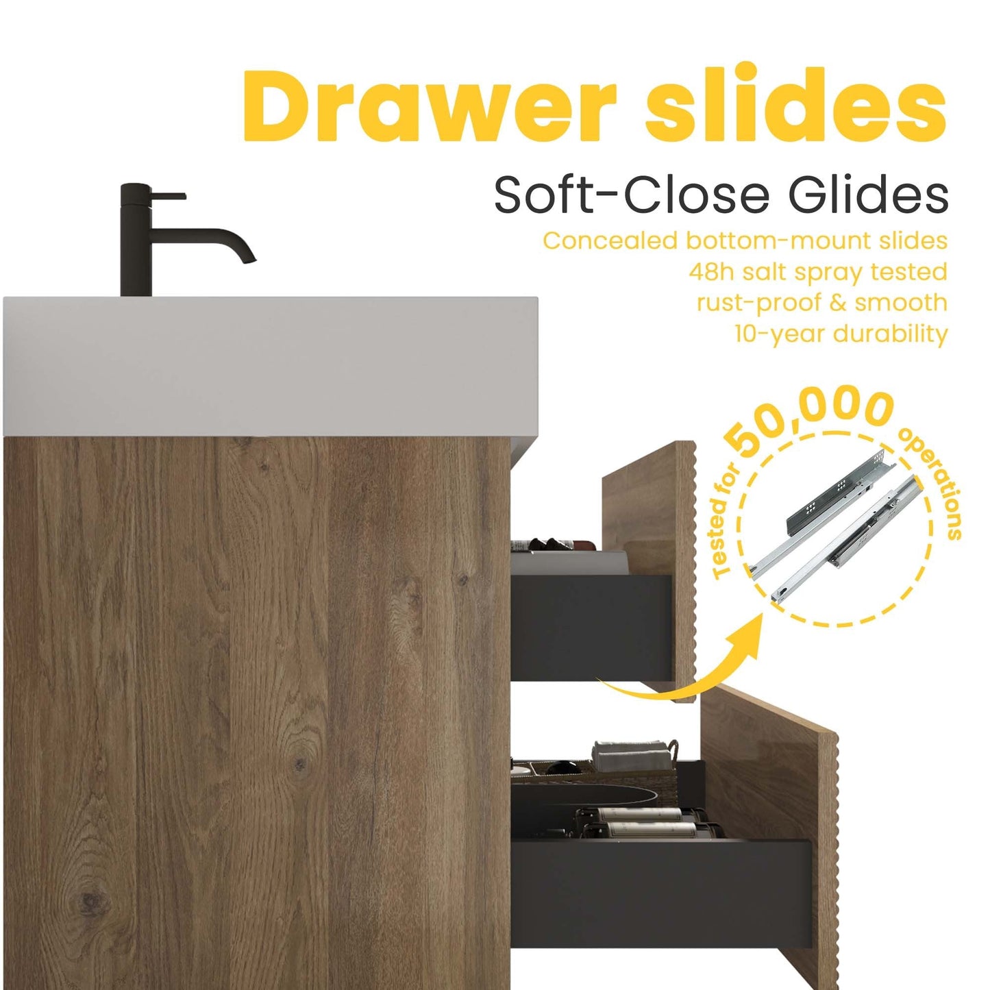 24' Rough Oak Bathroom Vanity with White Glossy Engineered Quartz Sink Soft Drawers
