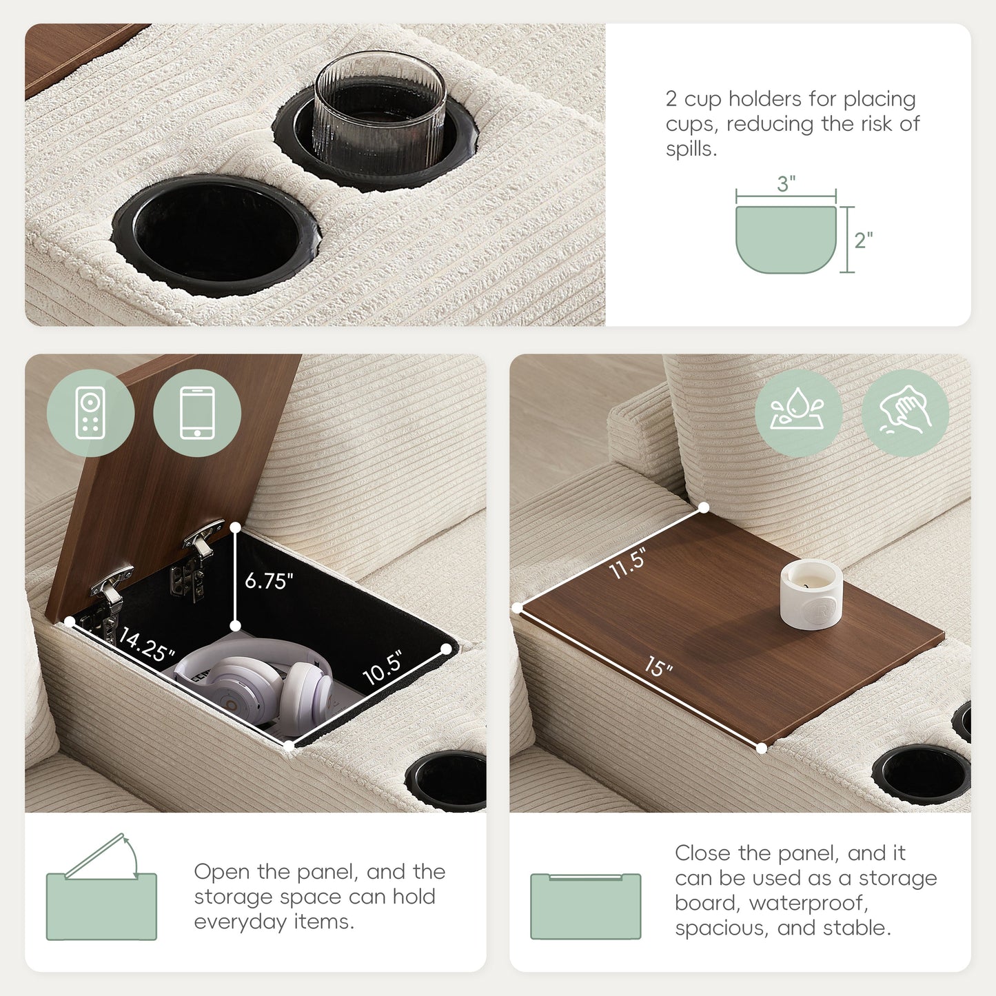 Sectional Sofa U-Shape Corduroy Beige 6 Seat Storage Ottoman USB 140 In