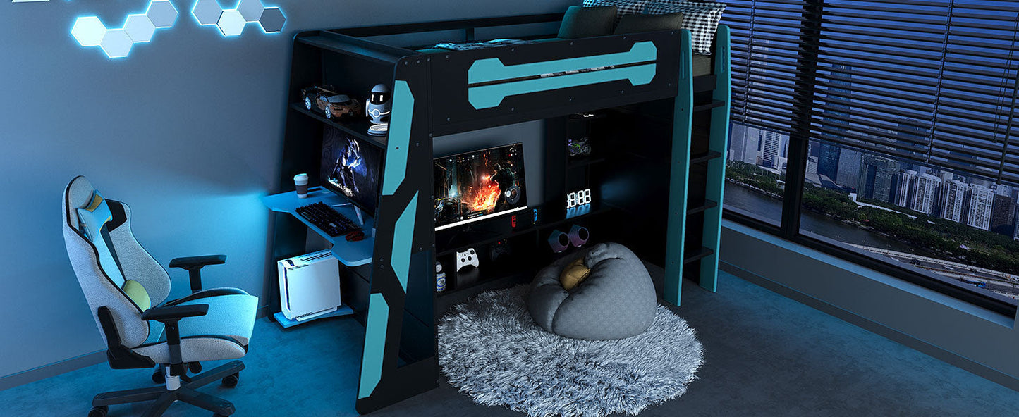 Twin Size Wood Loft Bed with Desk, Multi-storage Shelves and RGB Light, Cloud