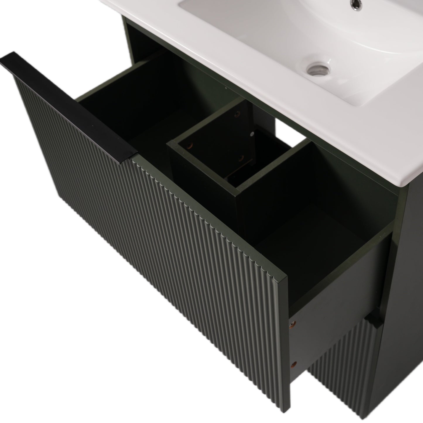 Green Fluted Bathroom Vanity with Ceramic Sink, 30' Full-Extension Drawers, S...