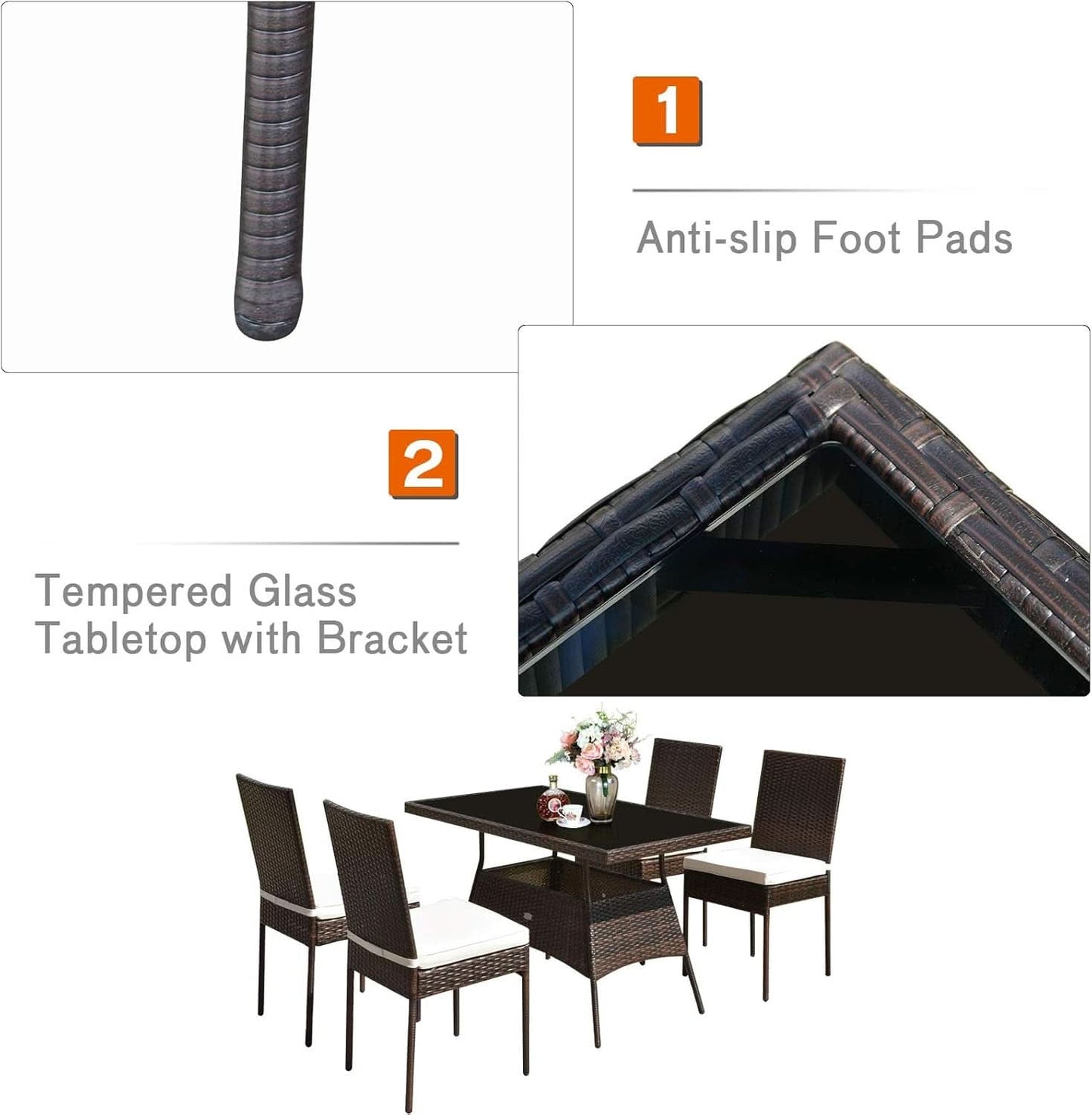 5 Piece Outdoor Patio Wicker Dining Set With Tempered Glass Table