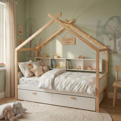White Full Size Wooden House Bed with Two Drawers and Bookshelf Storage