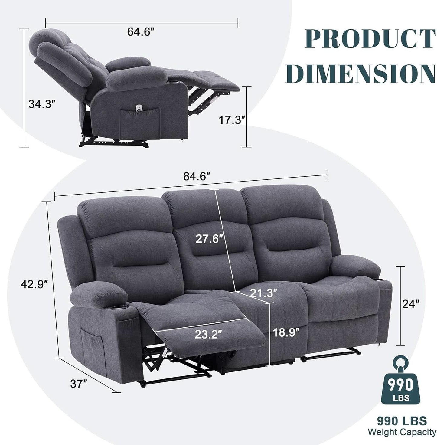 Oversized Charcoal Grey Recliner Sofa With USB Port And Heated Massage