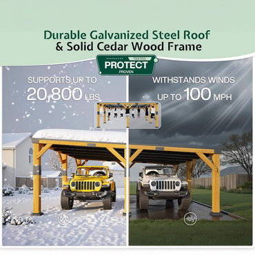[20X20FT] Alora Heavy-Duty All-Weather Outdoor Cedar Wood Carport With Galvanized Steel Roof (SAK76145)