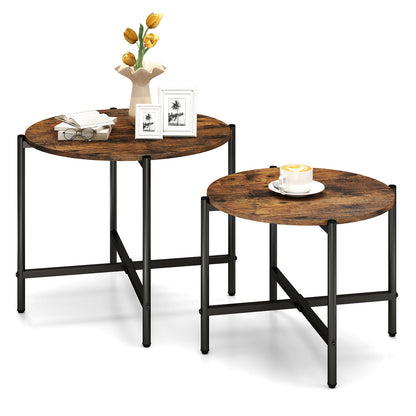 Round Coffee Table Set of 2 with Heavy-Duty Metal Frame