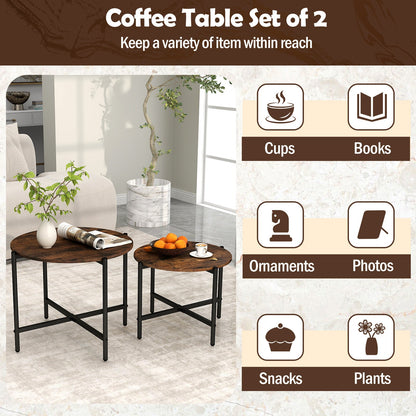 Round Coffee Table Set of 2 with Heavy-Duty Metal Frame