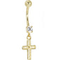 16G Solid 14k Yellow Gold Cubic Zirconia Cross Dangle Belly Ring