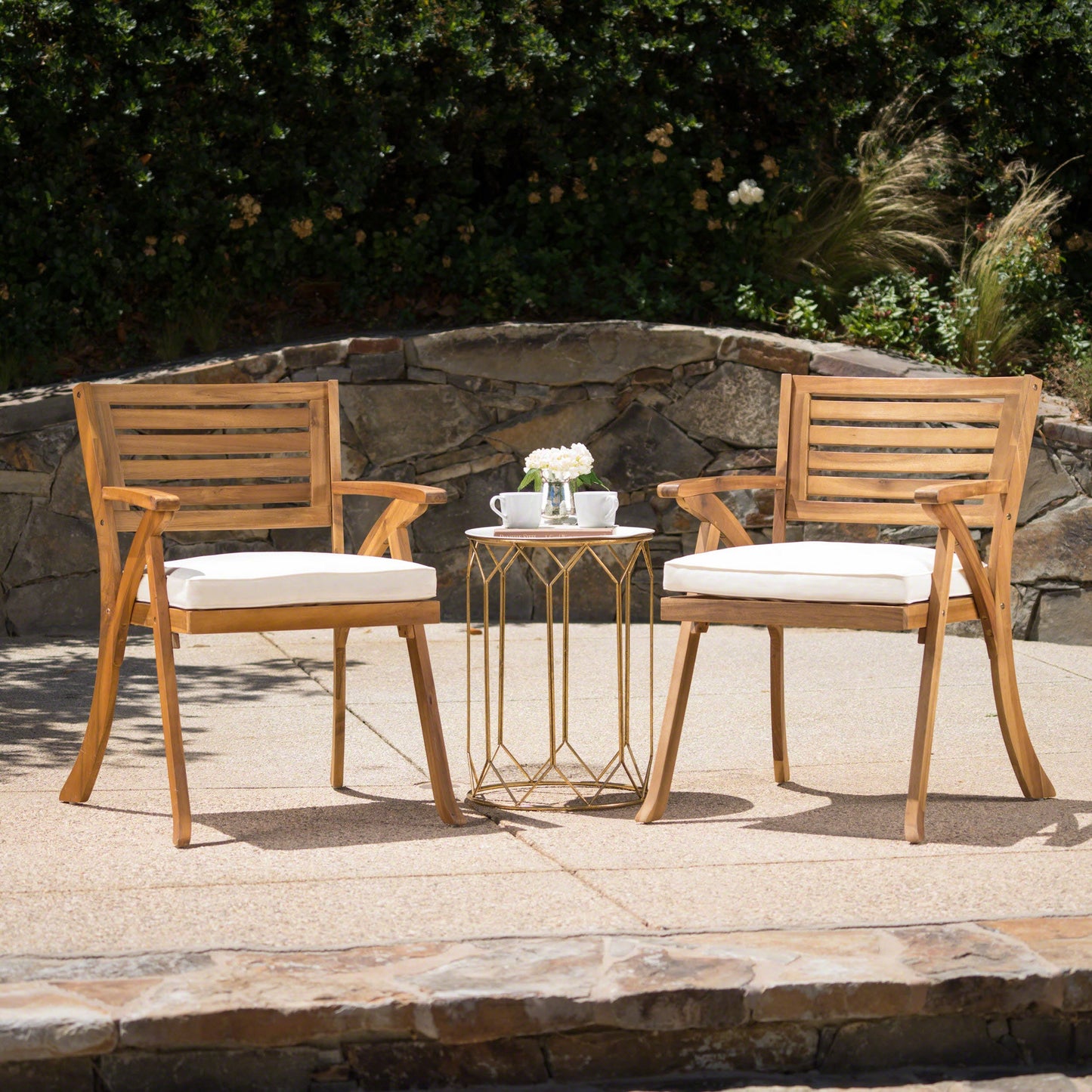 Outdoor Dining Chair Acacia Wood Teak Cream Cushion Set 2 27.5