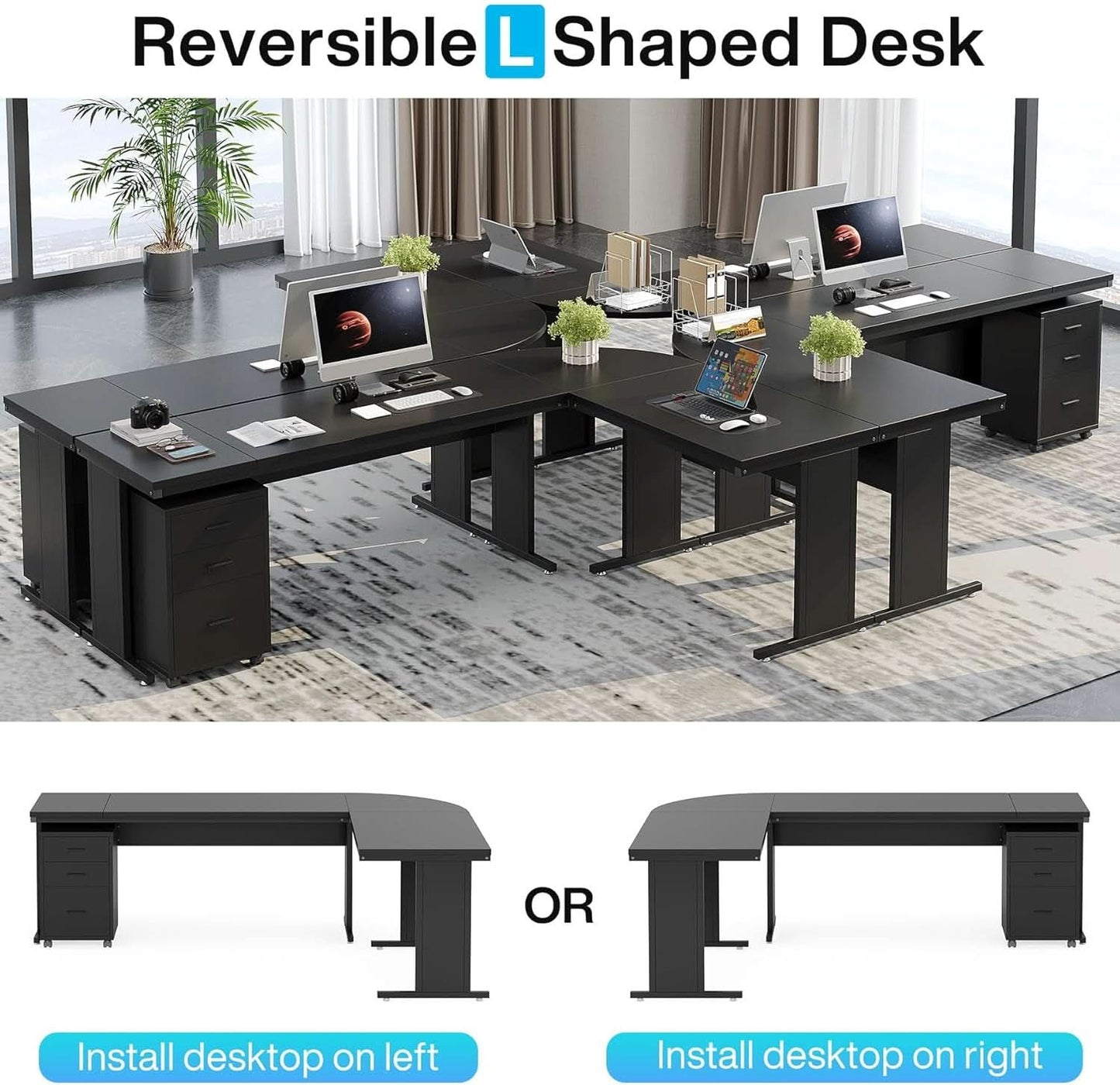 83 Inch L Shaped Executive Desk With 3 Drawer Cabinet