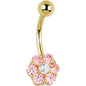 16G Solid 14k Yellow Gold Pink Cubic Zirconia Flower Belly Ring