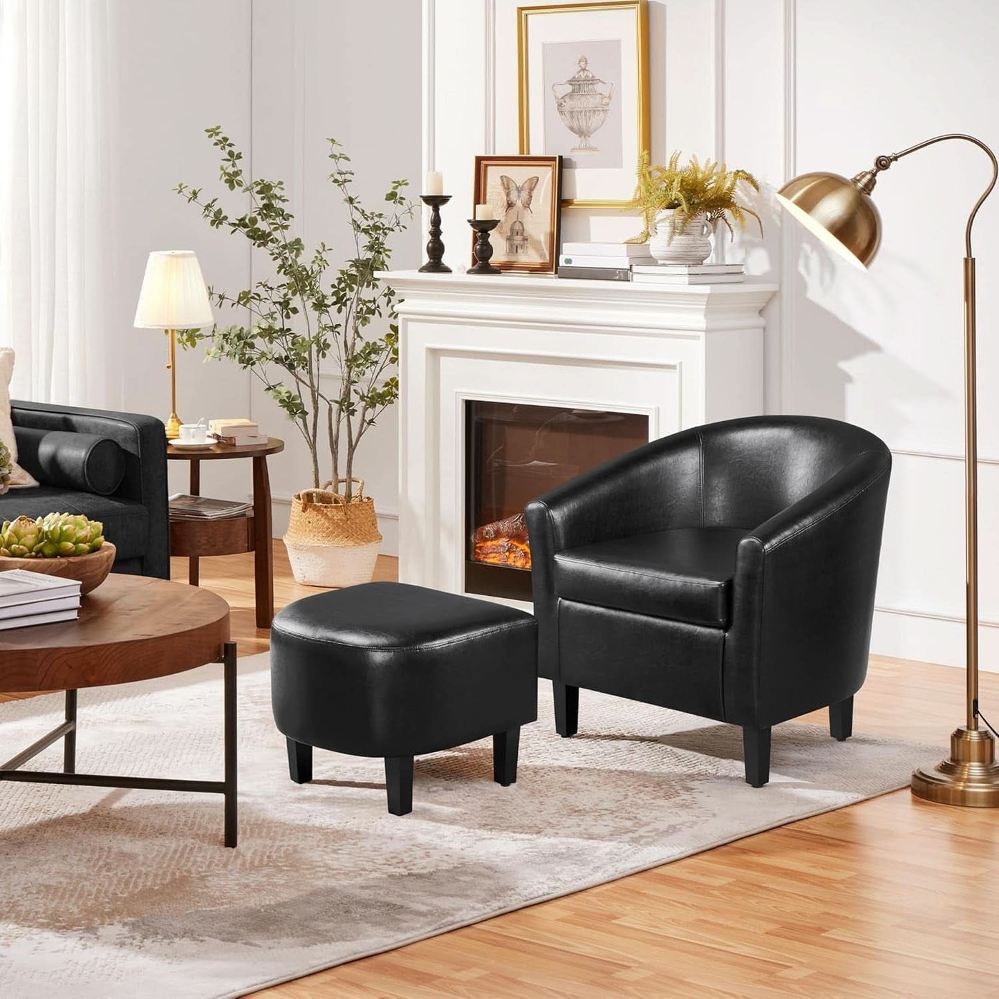 Modern Black Faux Leather Accent Chair With Ottoman Set
