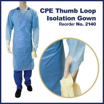 Dynarex CPE Thumb Loop Isolation Gown, Blue - 15ea/bx, 5bxs/case (75 Count)