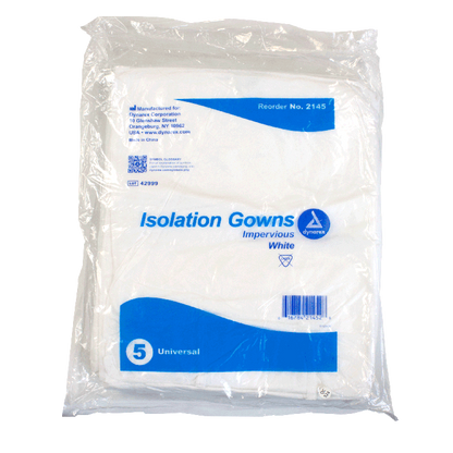 Dynarex Isolation Gown Poly - Coated Barrier, Universal, White - 5ea/bx, 10bxs/case (50 Count)