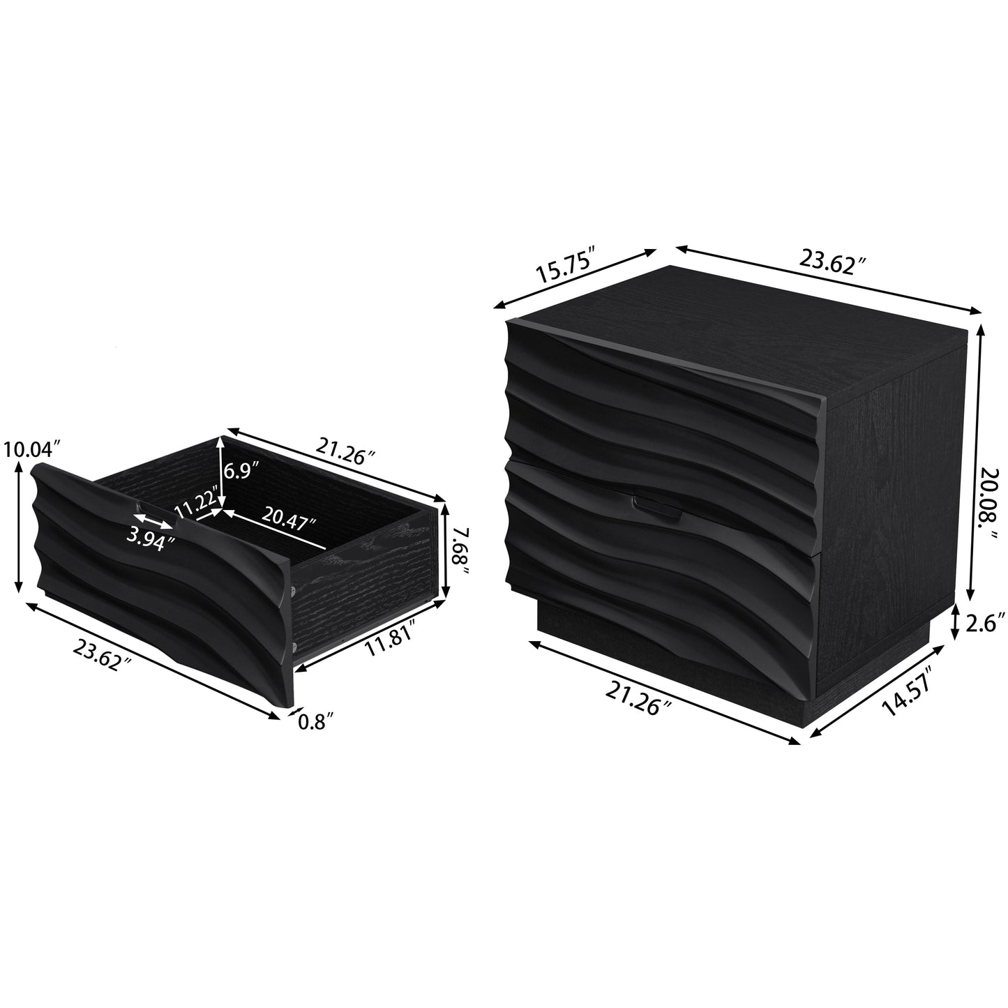 Solid Wood Nightstands Set of 2, 2 Drawers, No Handles, Living Room, Black