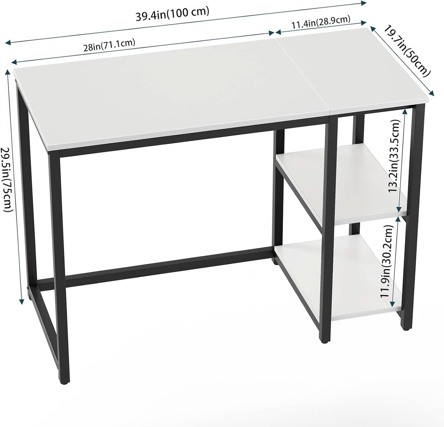 40 Inch White Computer Desk With 2 Tier Shelves Home Office