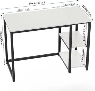 40 Inch White Computer Desk With 2 Tier Shelves Home Office