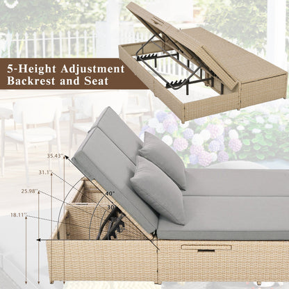 Outdoor Double Sunbed, Wicker Rattan Patio Reclining Chairs with Adjustable