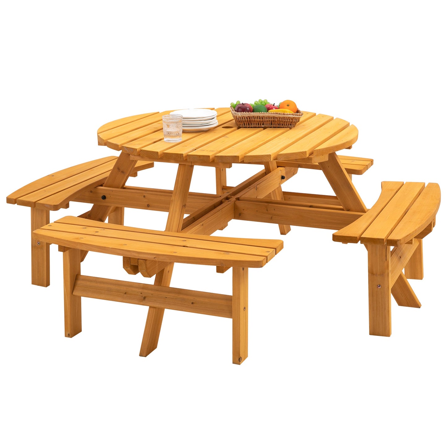 Outdoor Picnic Table Round Fir Wood 8-Person 43 In Umbrella Hole
