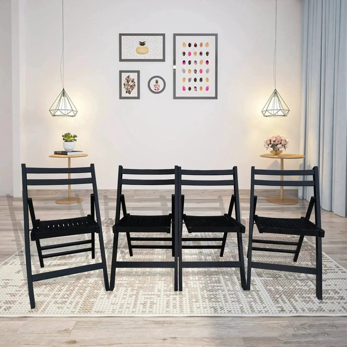 Black Solid Wood Folding Chairs - Set of 4 Compact Durable