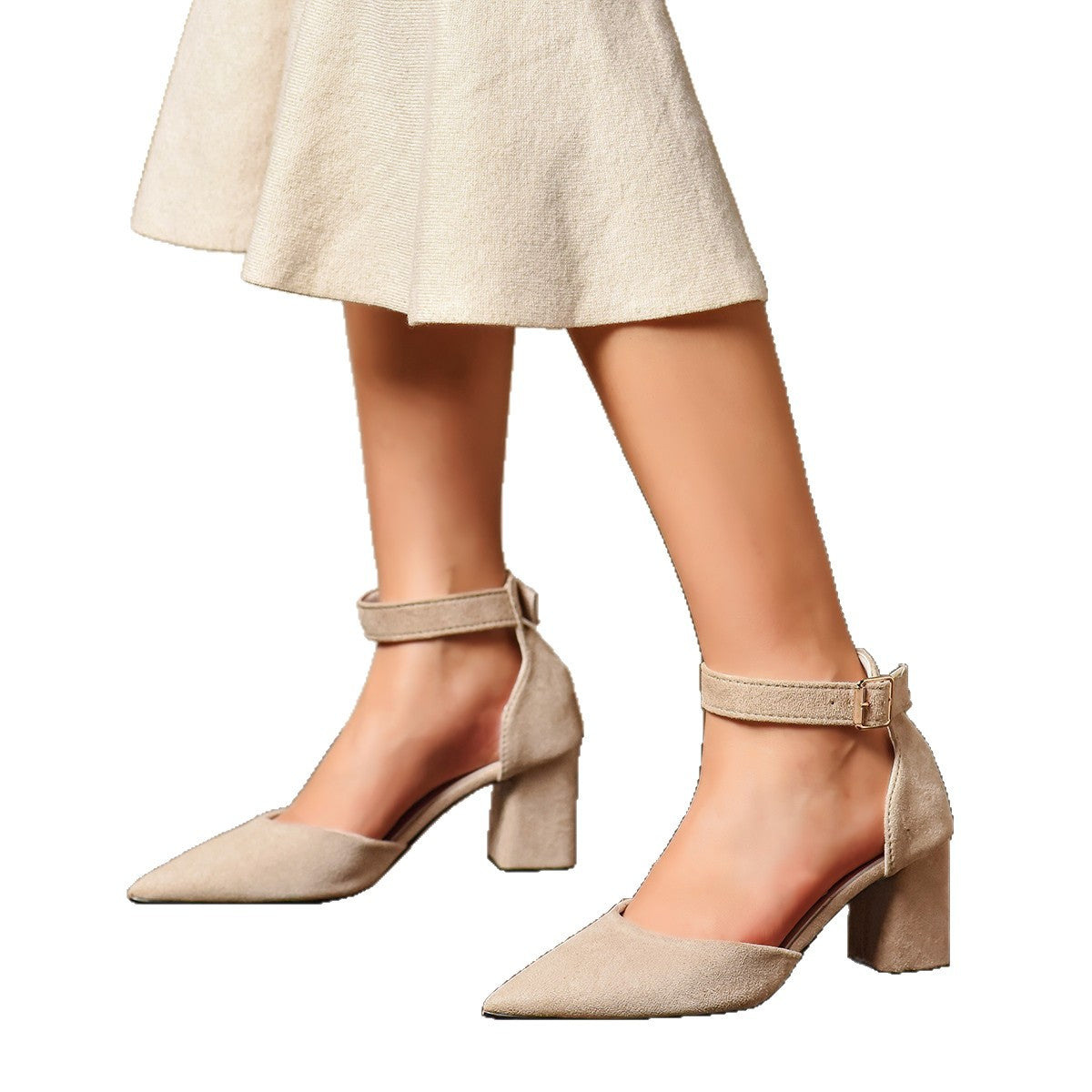 Pointed-toe Ankle-strap Hollowed-out Chunky-heel Sandals
