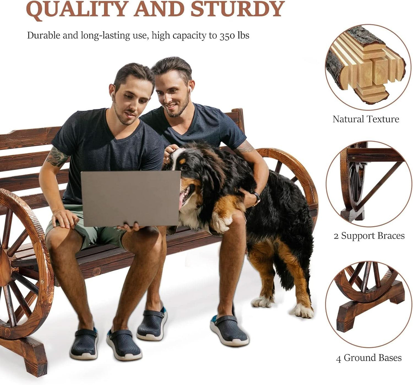 Rustic Wooden Garden Bench with Wagon Wheel Arms