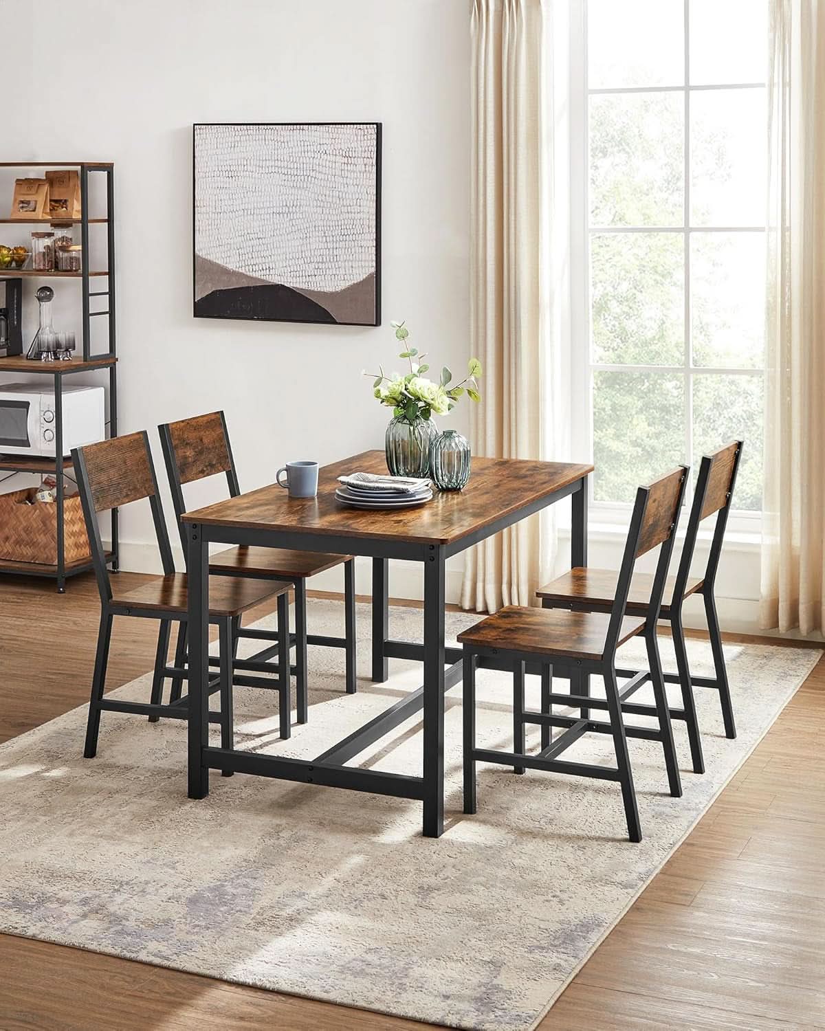 Dining Chair Set of 4 Rustic Brown Chairs With Metal Frame