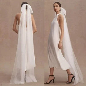 New Minimalist White Double-layer Tulle Bridal Veil With A Bow