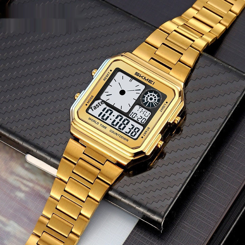 Square Steel-band Golden Waterproof Alarm Clock With A Luminous Digital Display