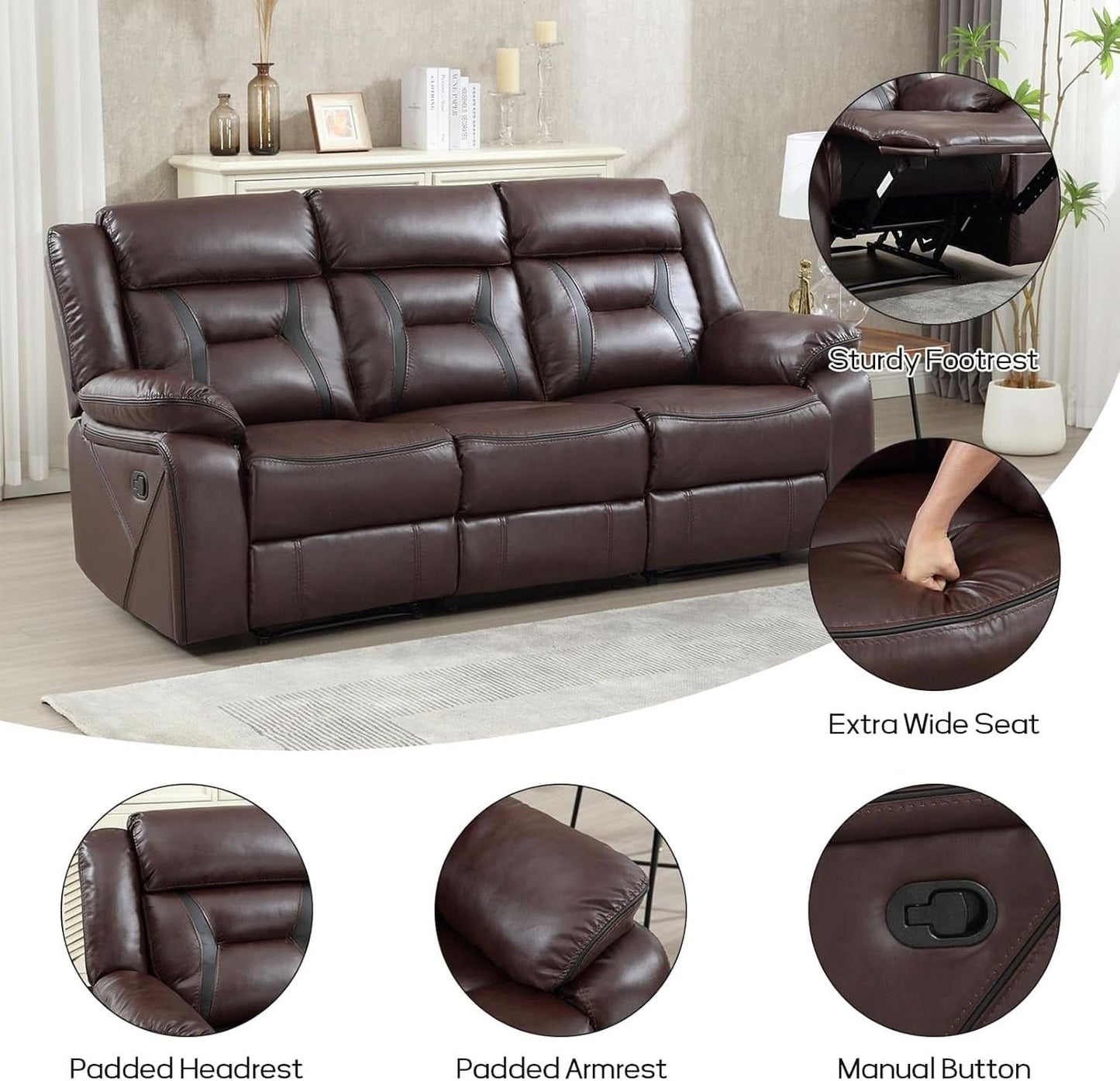 Three Seat Manual Reclining Sofa Dark Brown Faux Leather