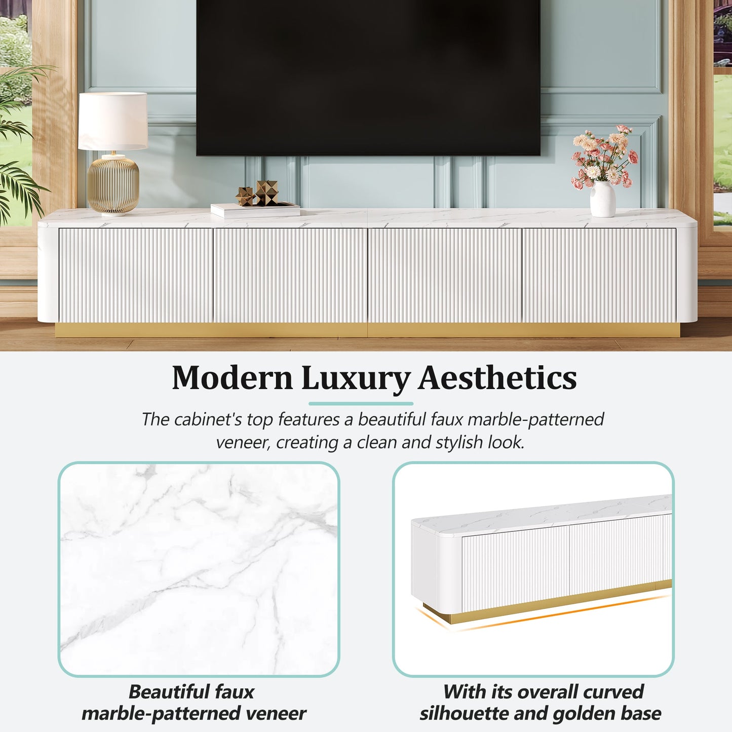 Luxury Fluted White TV Stand Faux Marble Top 4-Drawer 85