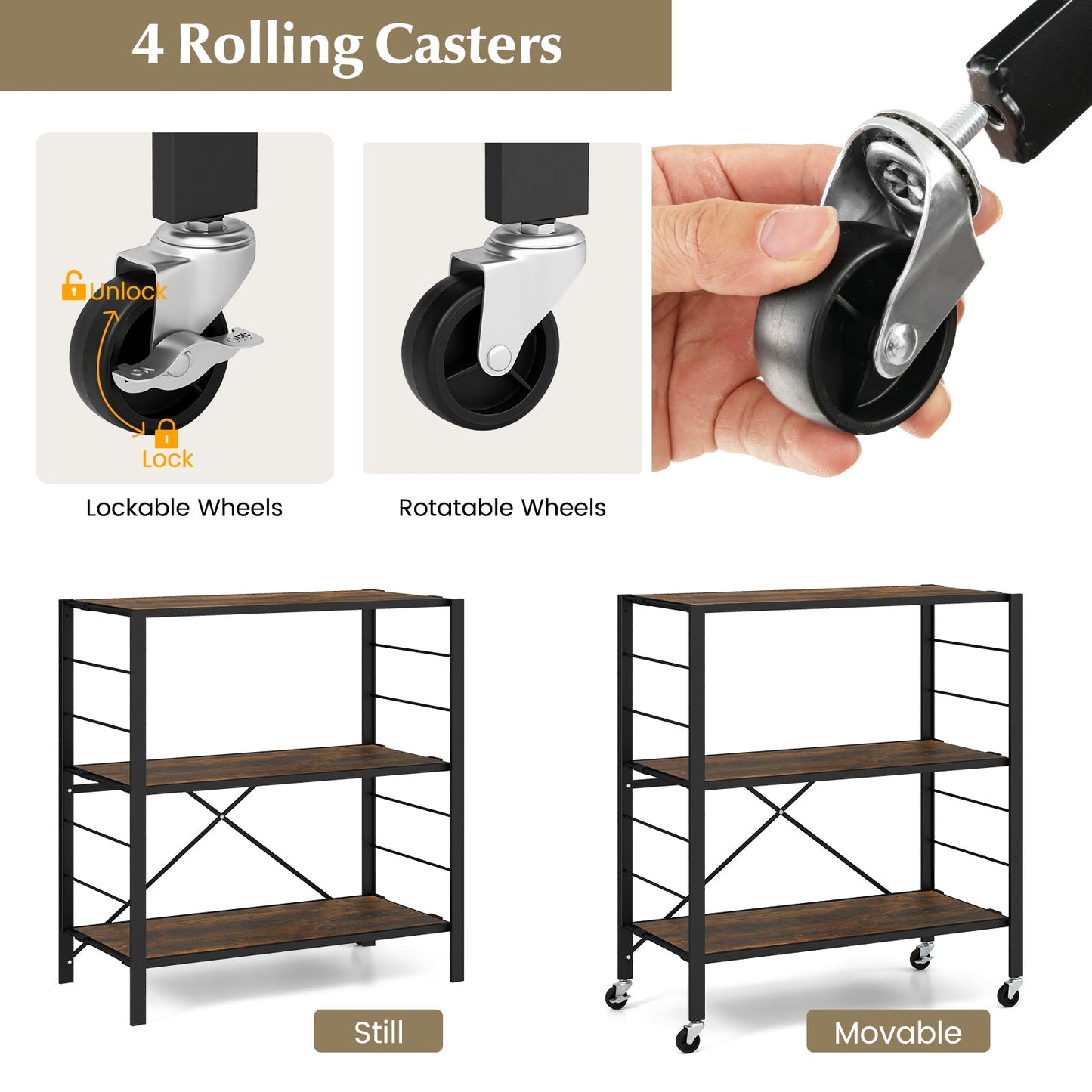 3-Tier Foldable Shelving Unit with Detachable Wheels and Adjustable Shelves