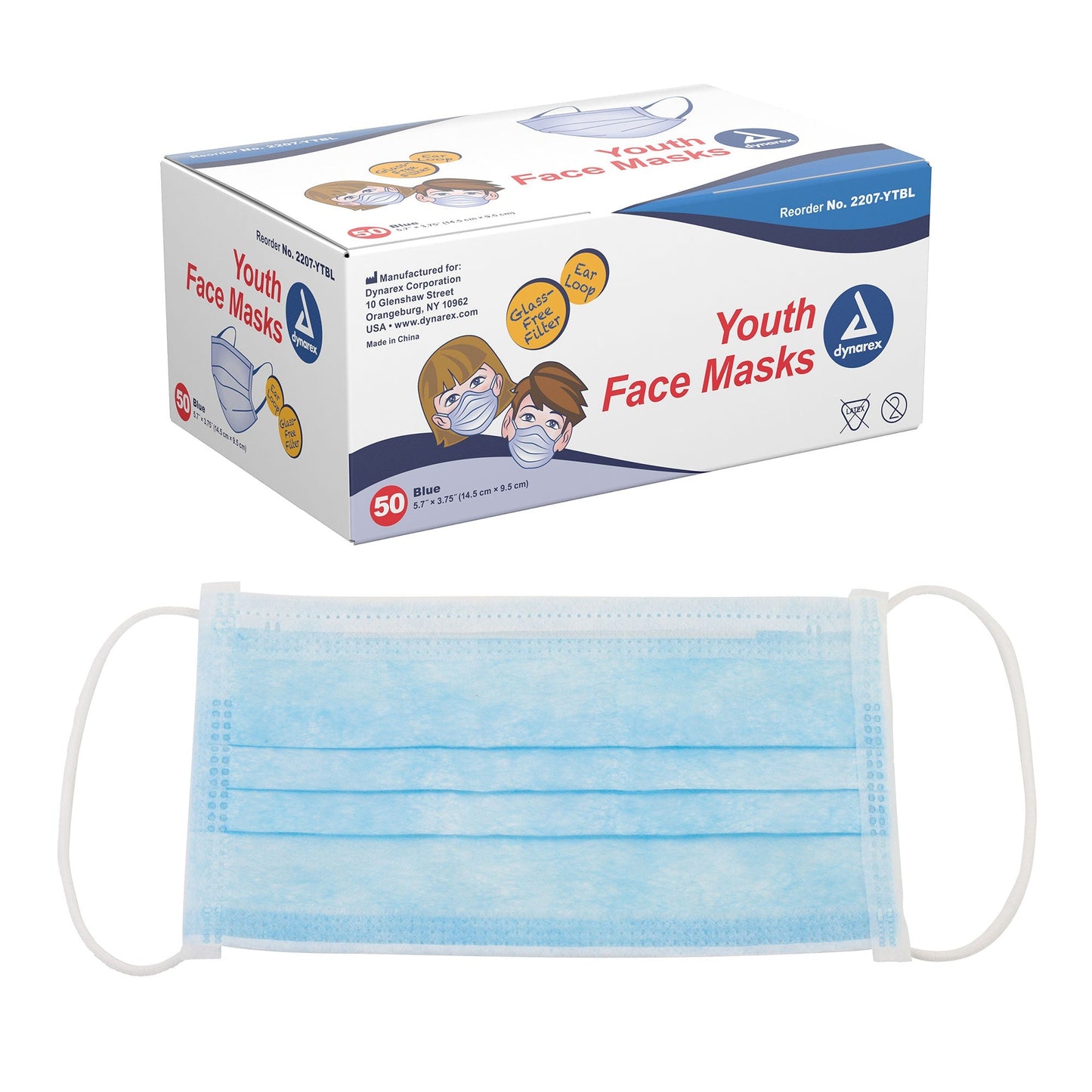 Dynarex Youth Face Mask w/ Ear Loop - 50ea/bx, 12bxs/cs (600 Count)