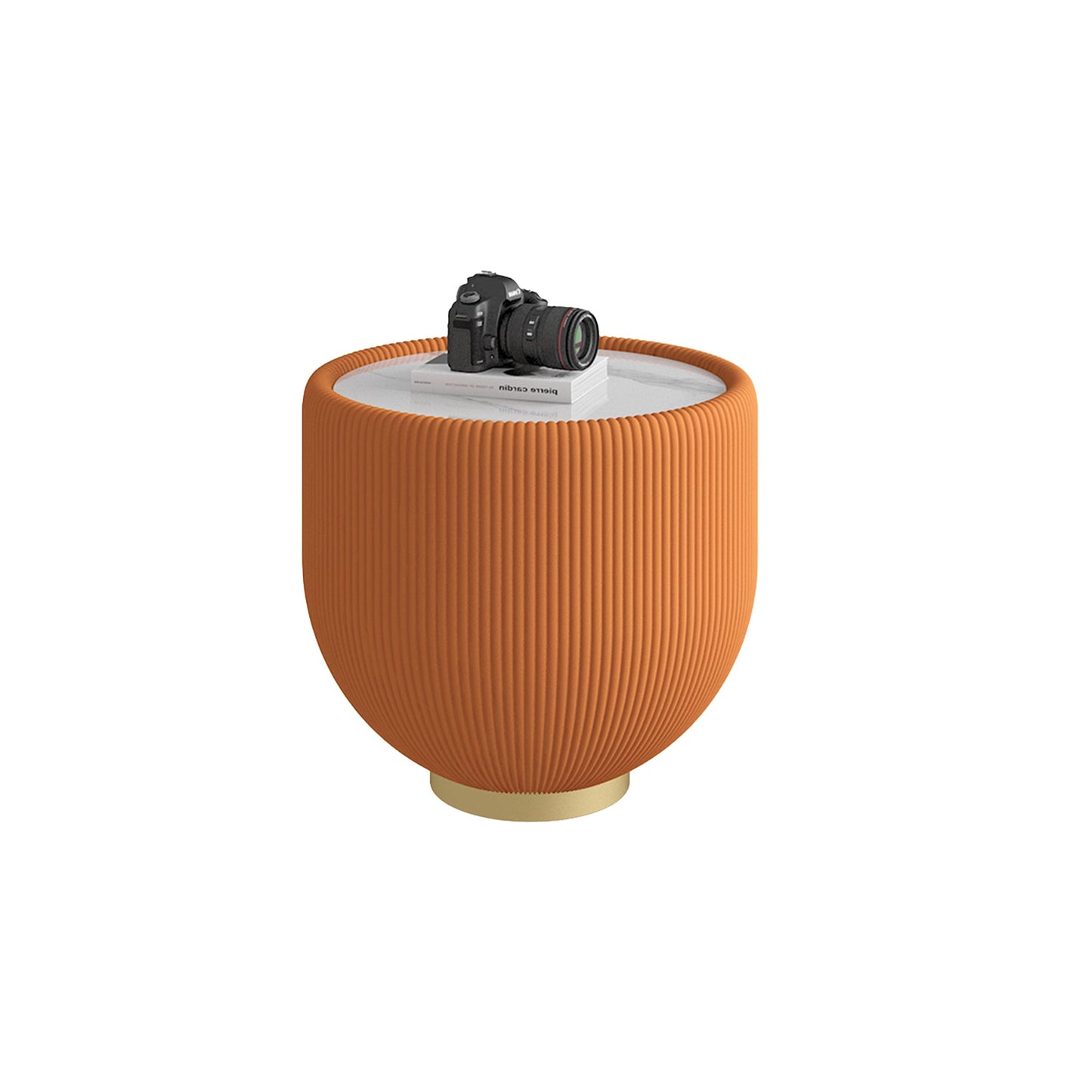 Round Sintered Stone Sofa End Table, Leather Edge, Metal Base, Living Room