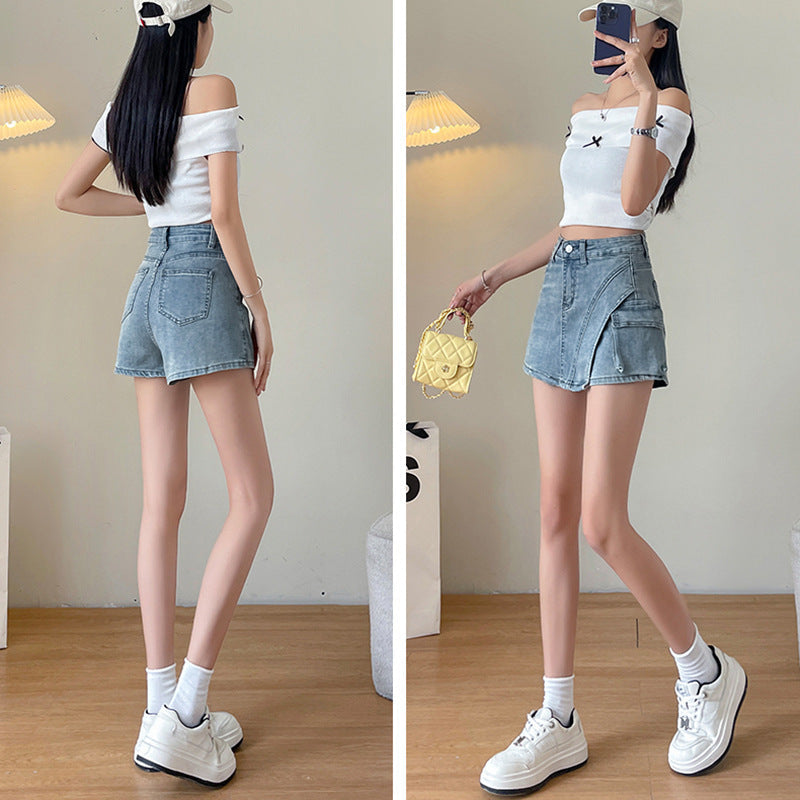 Retro Distressed Figure-flattering Asymmetrical A-line Mini Skirt