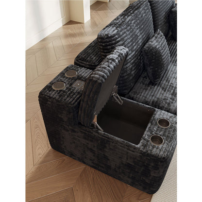 Sectional Sofa U-Shape Corduroy Black 6 Seat USB Bluetooth 150 In