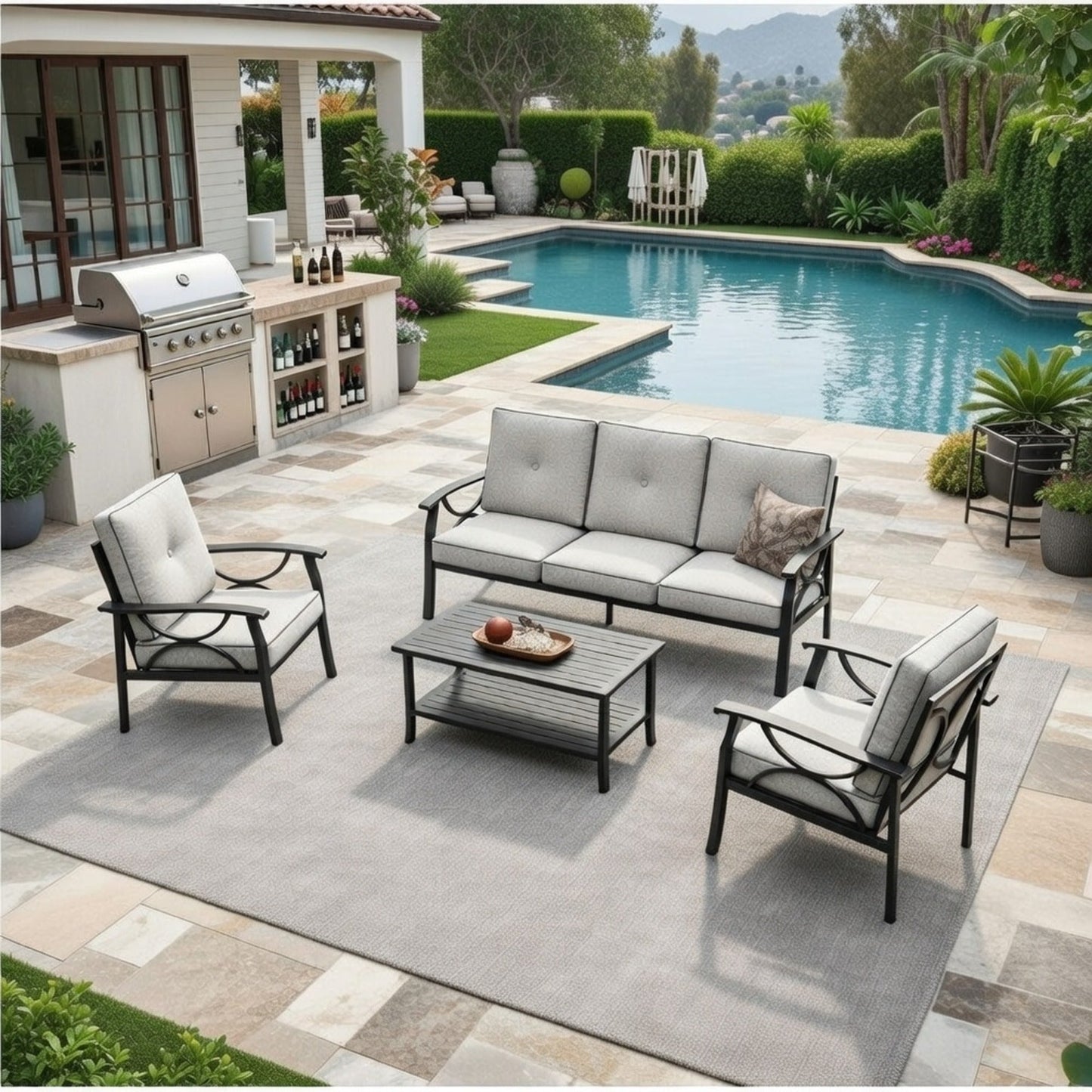 Outdoor Patio Set Metal Black Gray Cushion 4 Piece Seats 5