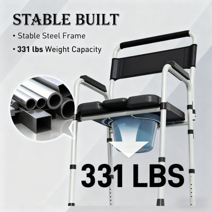 Commode Chair Adjustable 7-Level Steel Black 331 LB Foldable Removable Bucket