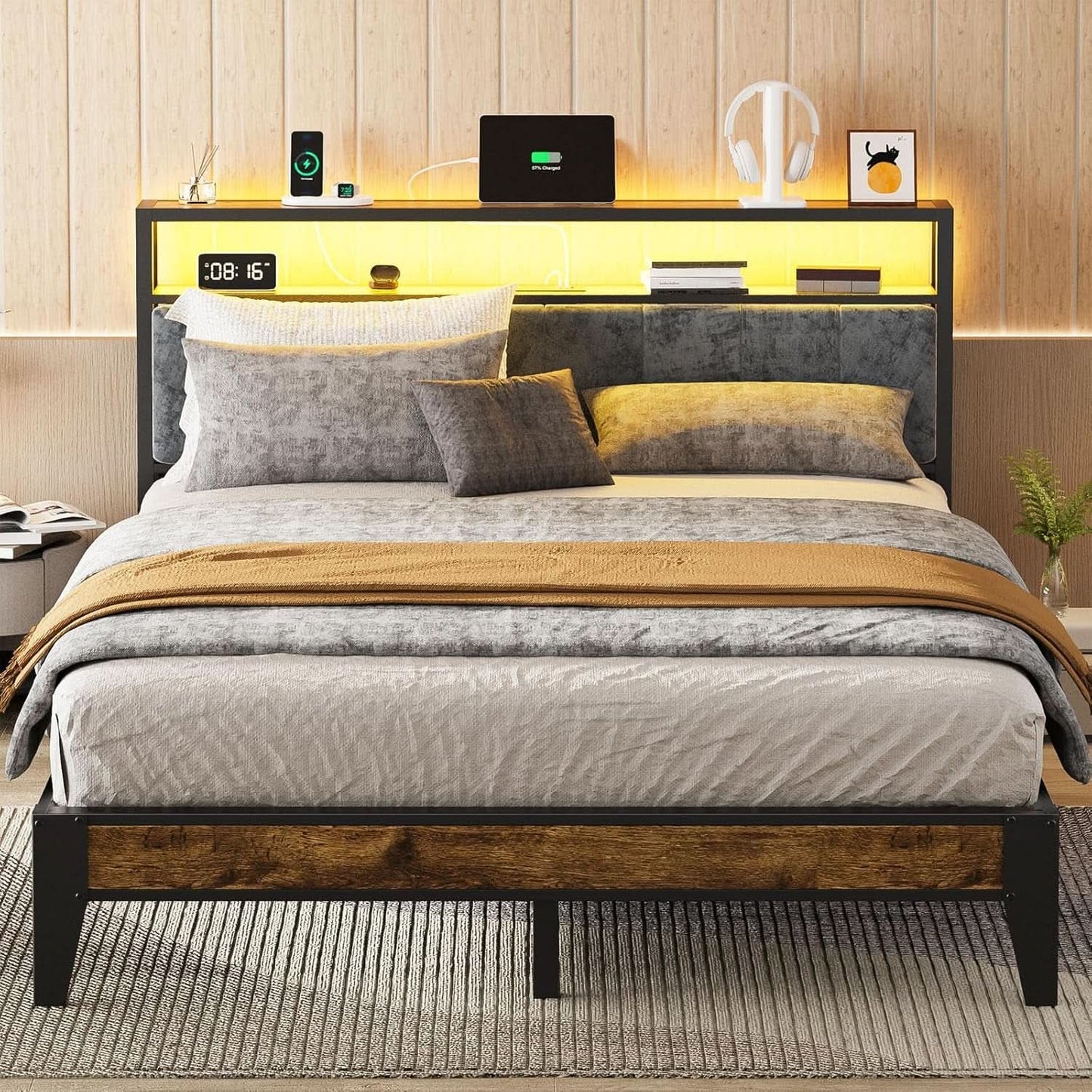 Queen Size RGB LED Headboard With Storage And Charging