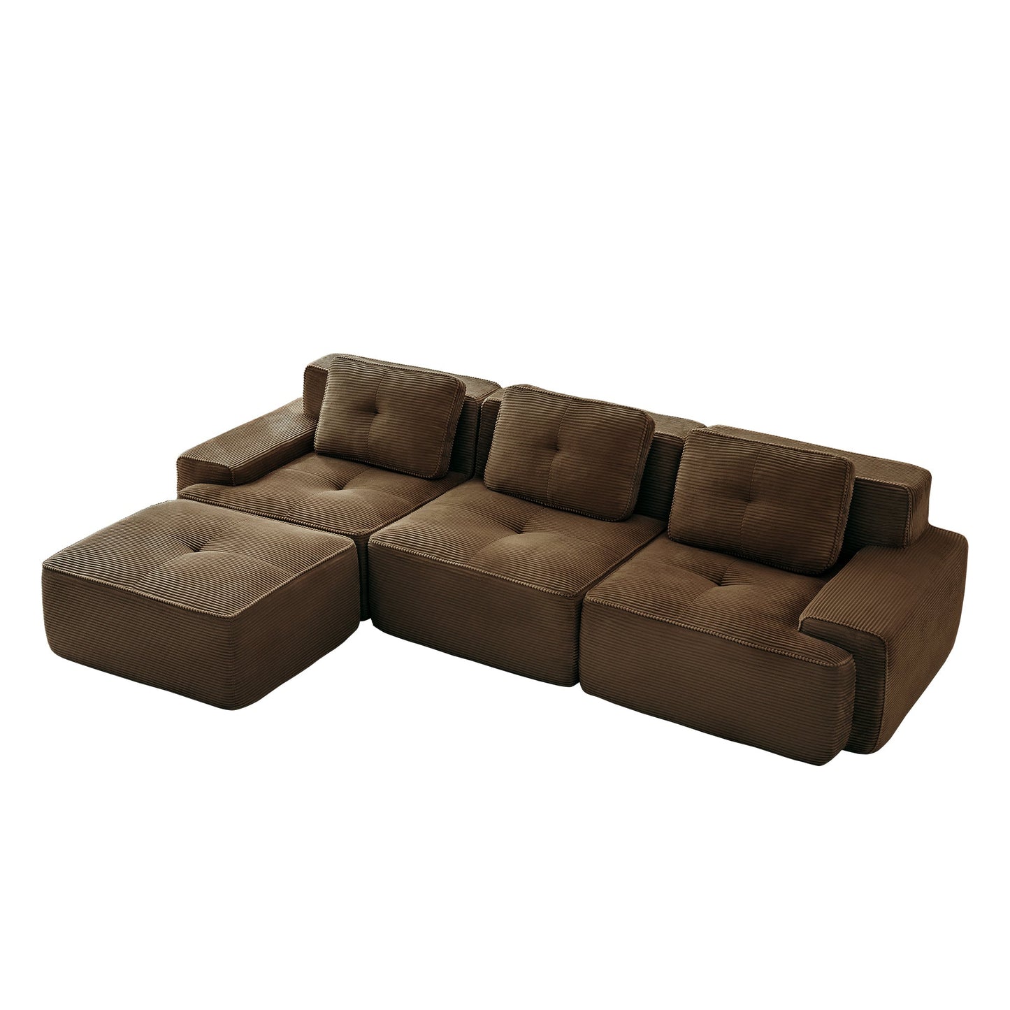 Sectional Sofa L-Shape Corduroy Brown 3 Seat Modular with Ottoman