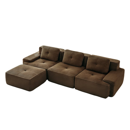 Sectional Sofa L-Shape Corduroy Brown 3 Seat Modular with Ottoman
