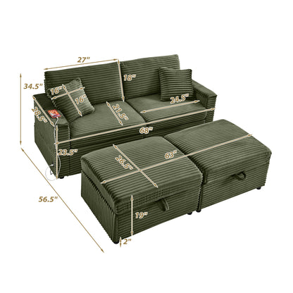 Sectional Sofa L-Shape Corduroy Green Storage Chaise 2 Ottomans USB 69 In