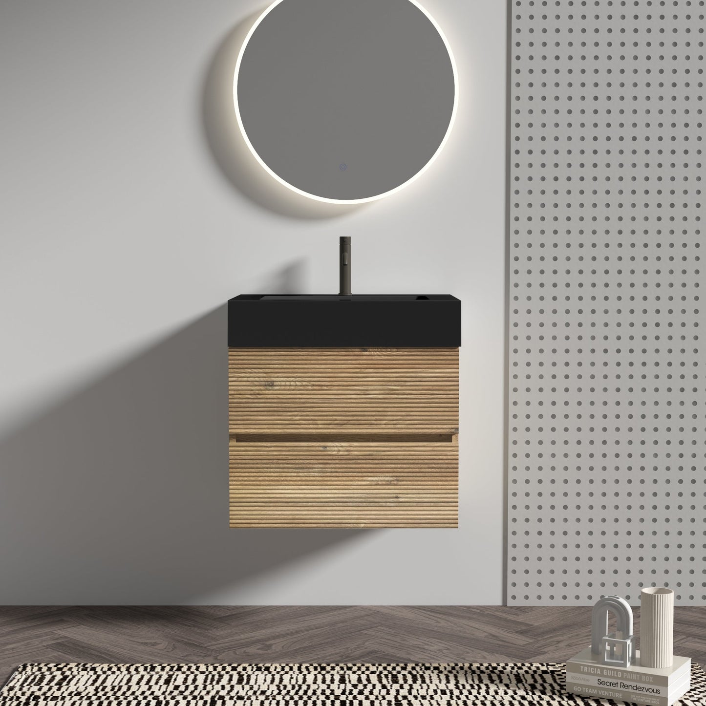 24' Floating Bathroom Vanity with Matte Black Quartz Sink and Oak Drawers