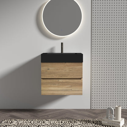 24' Floating Bathroom Vanity with Matte Black Quartz Sink and Oak Drawers