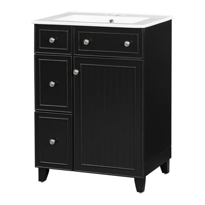Transitional Bathroom Vanity Cabinet with Ceramic Sink, 24-Inch, Black, Solid...